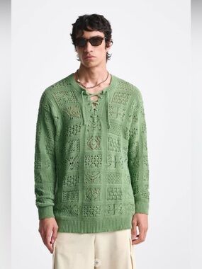 NWT: ZARA Men’s Crochet Green Lace-Up Knit Sweater in Sz: L-XL